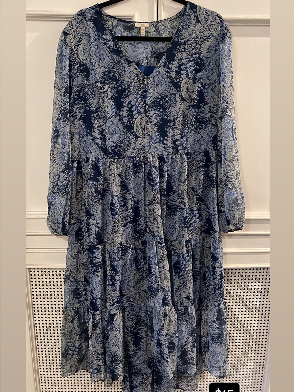 H&M Blue Floral-Print Long Sleeve Tiered Dress